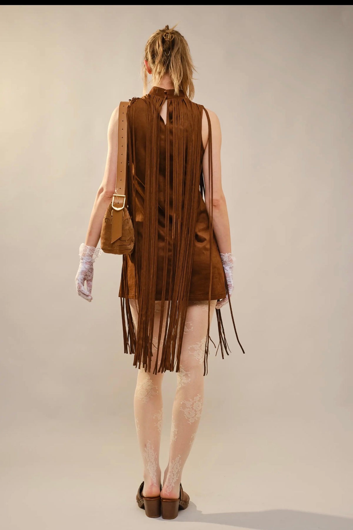 Mock Neck Suede Fringe Mini Dress