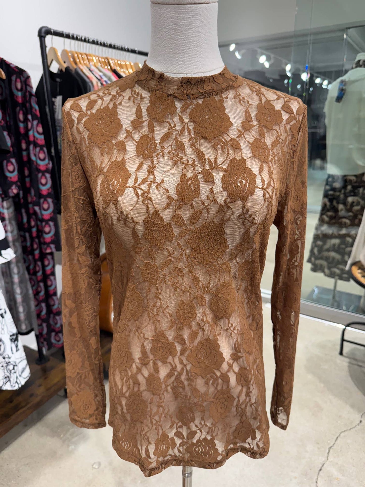Brown Floral lace mesh layering long sleeve top