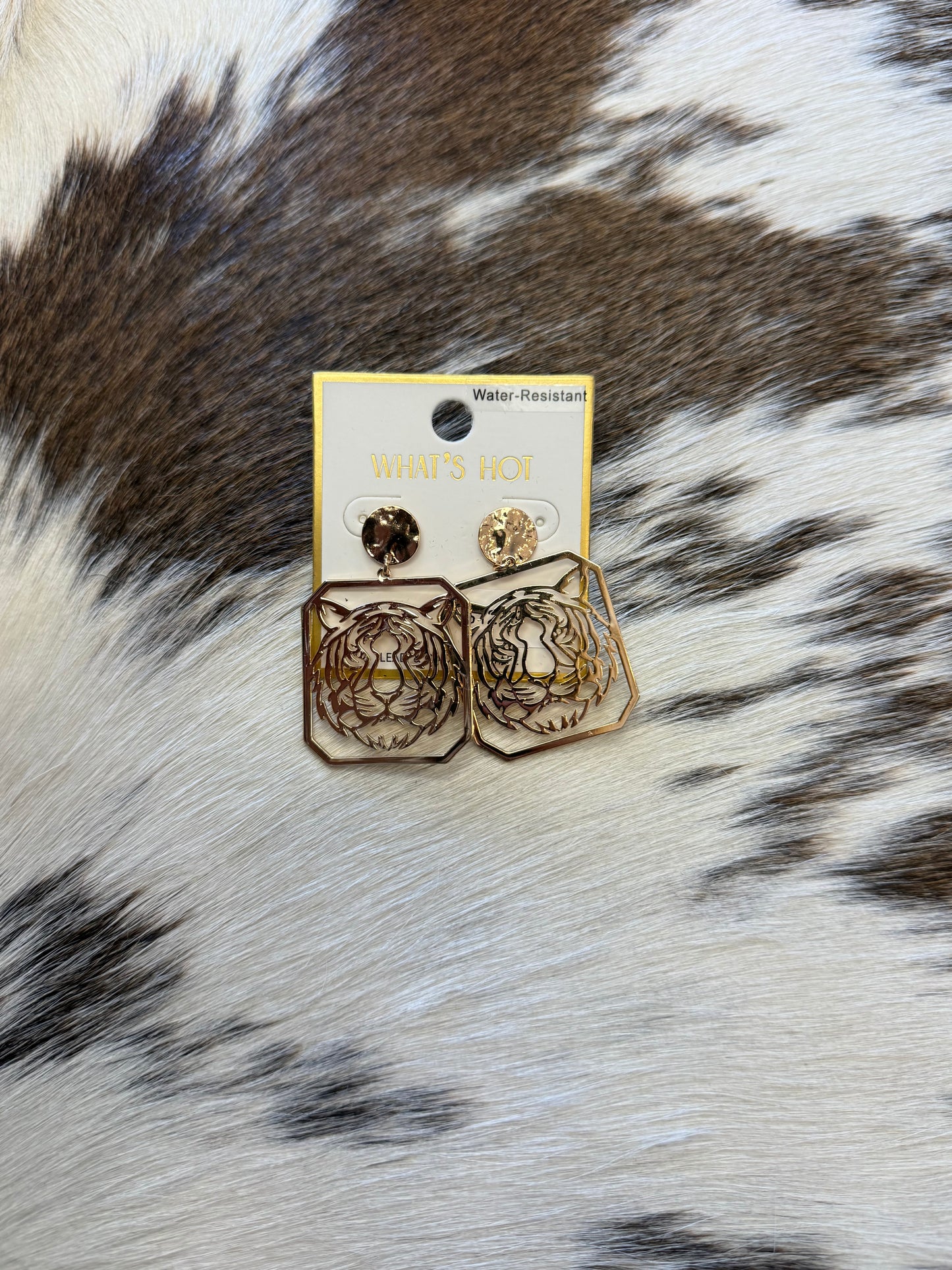 Gold Open Cut Out Tiger with Circle Post 2" Earring