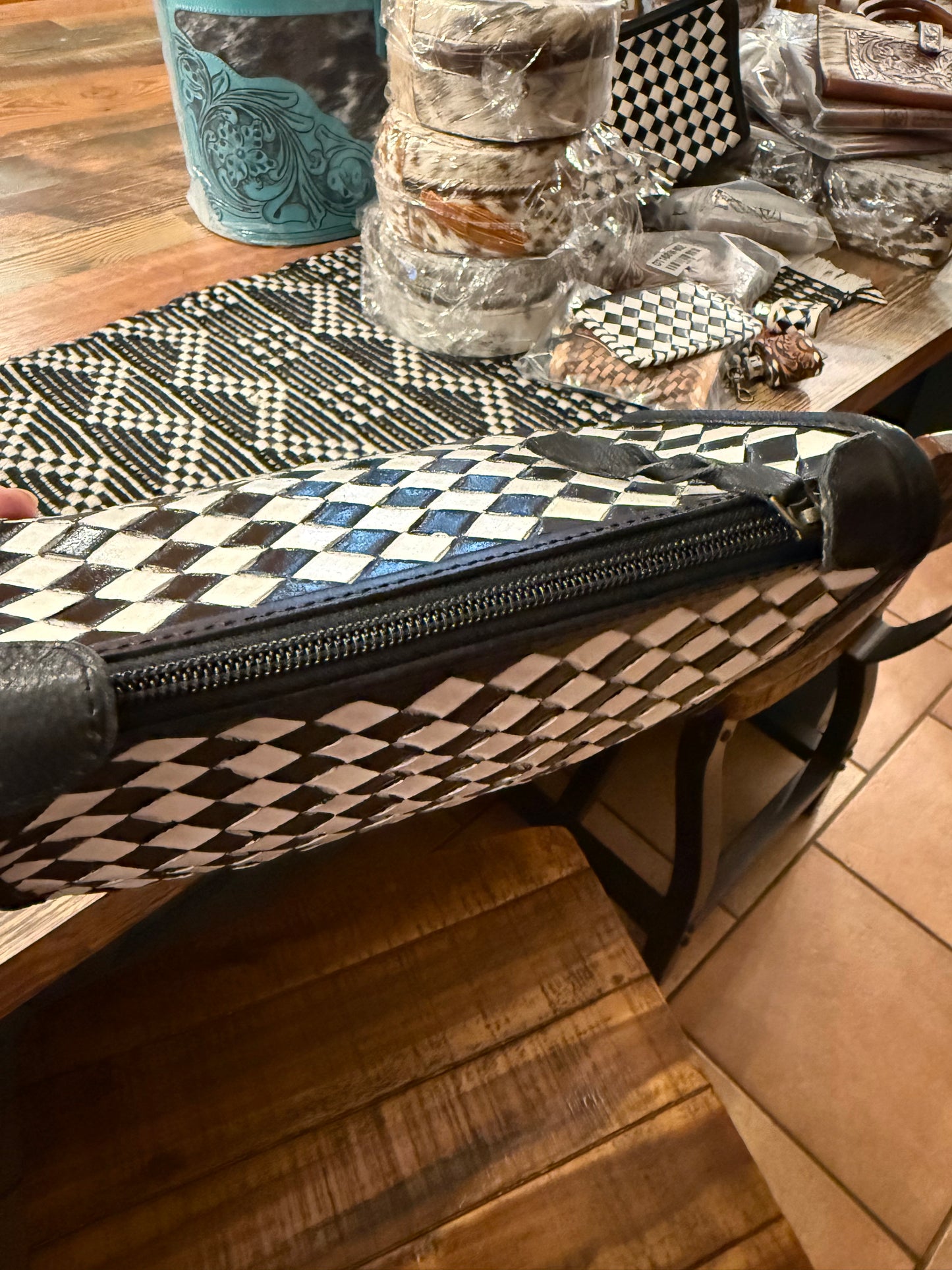 Leather Checkered Toiletry Bag