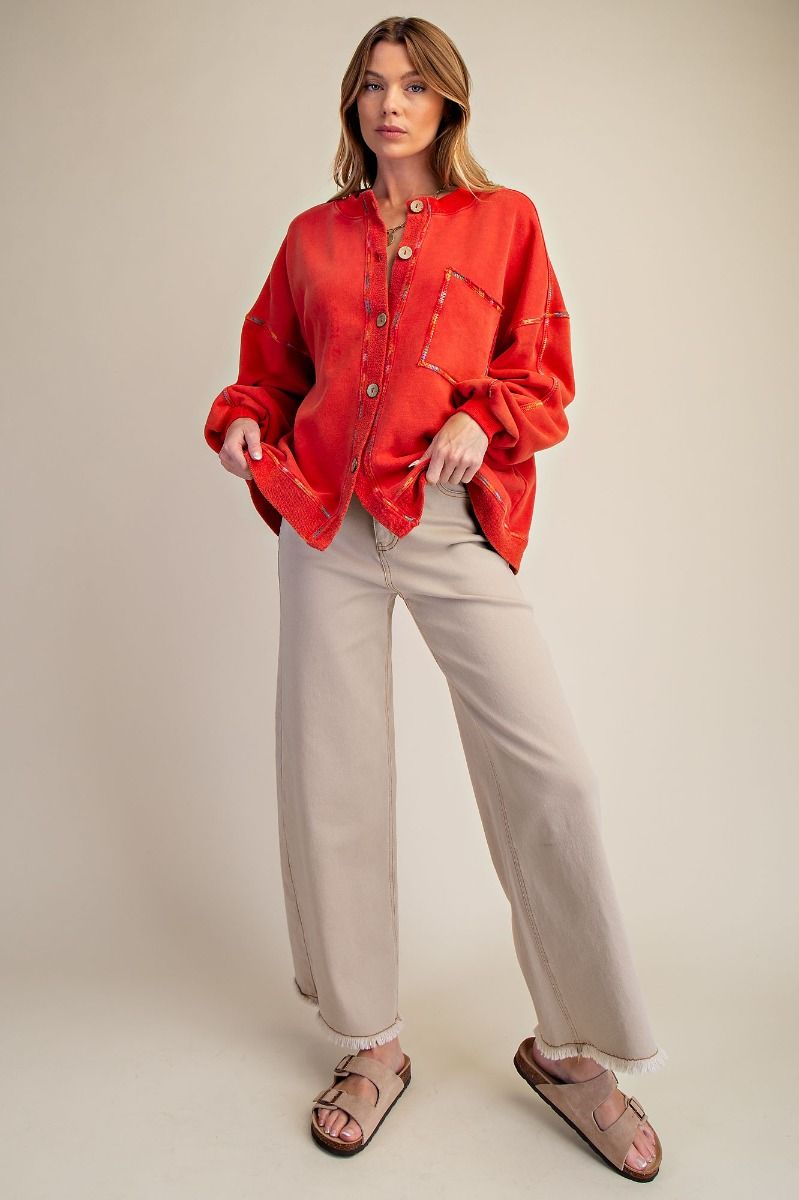 WASHED BUTTON DOWN TERRY CARDIGAN