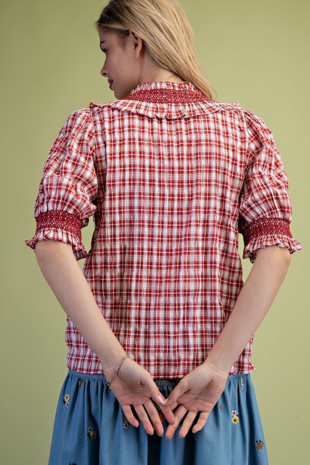 RED PLAID SEERSUCKER BLOUSE