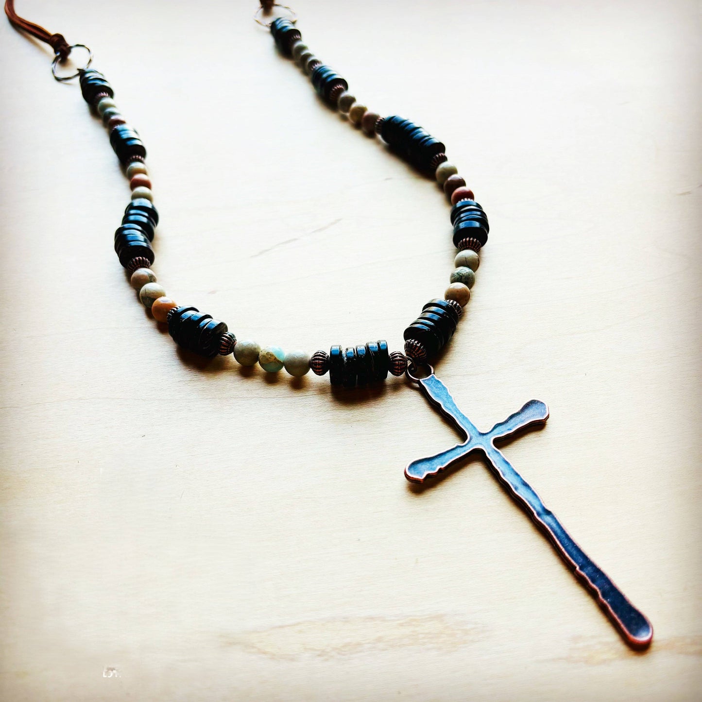**Aqua Terra Wood Necklace with Copper Cross 237d