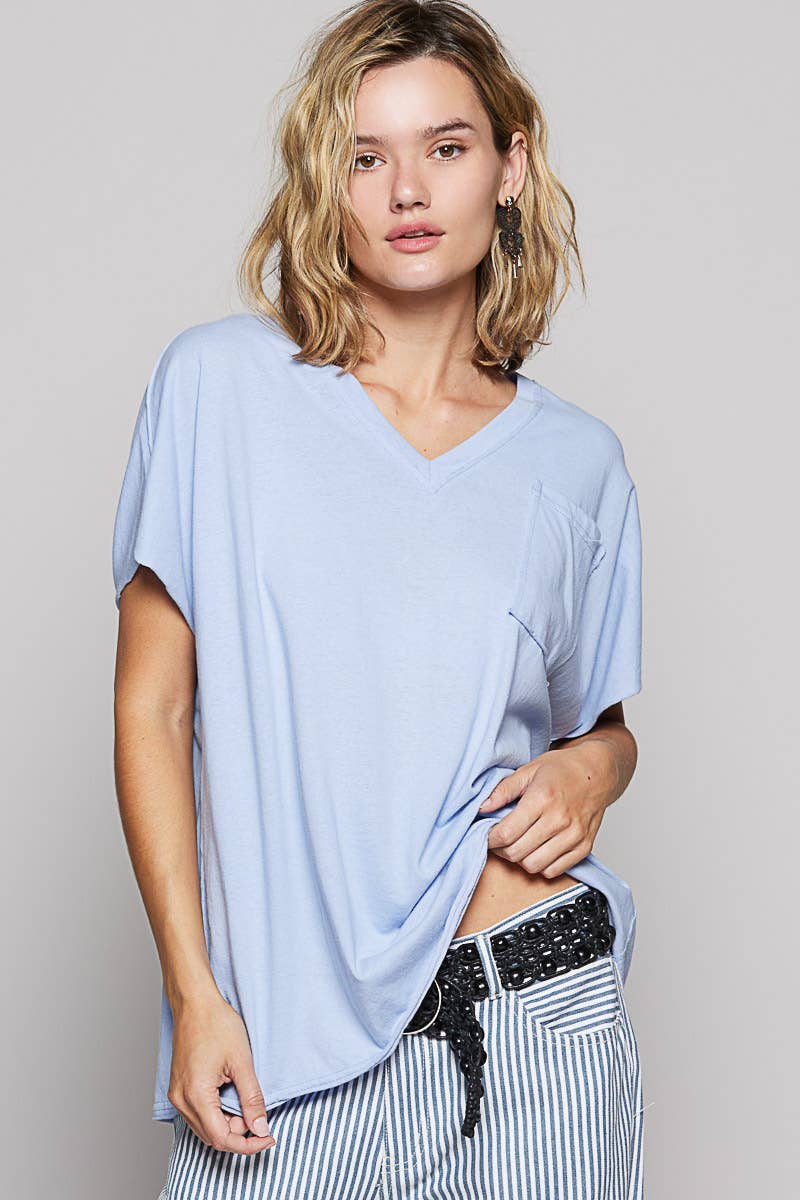 Oversized v-neck front pocket short sleeve solid top SALE