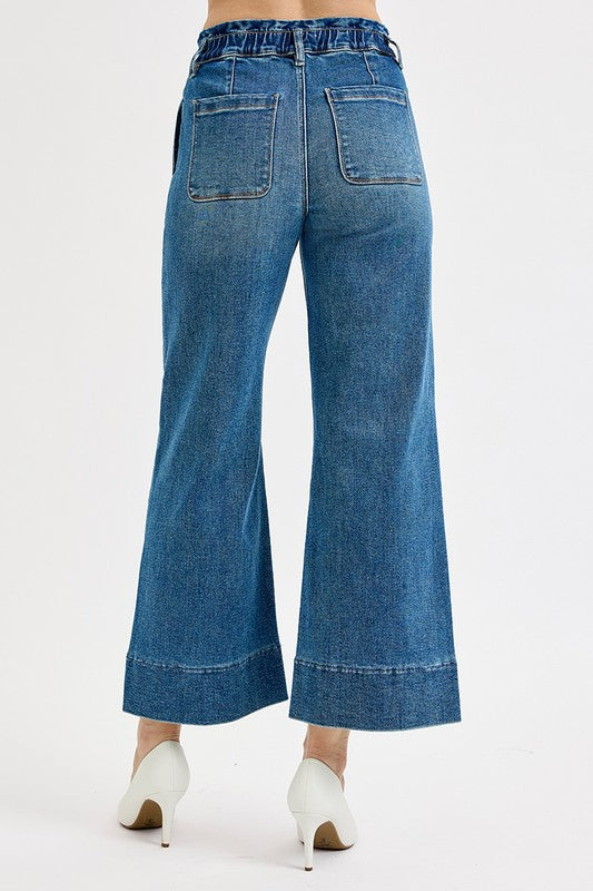 Elastic Band High Rise Crop Wide Leg Ruffle Band