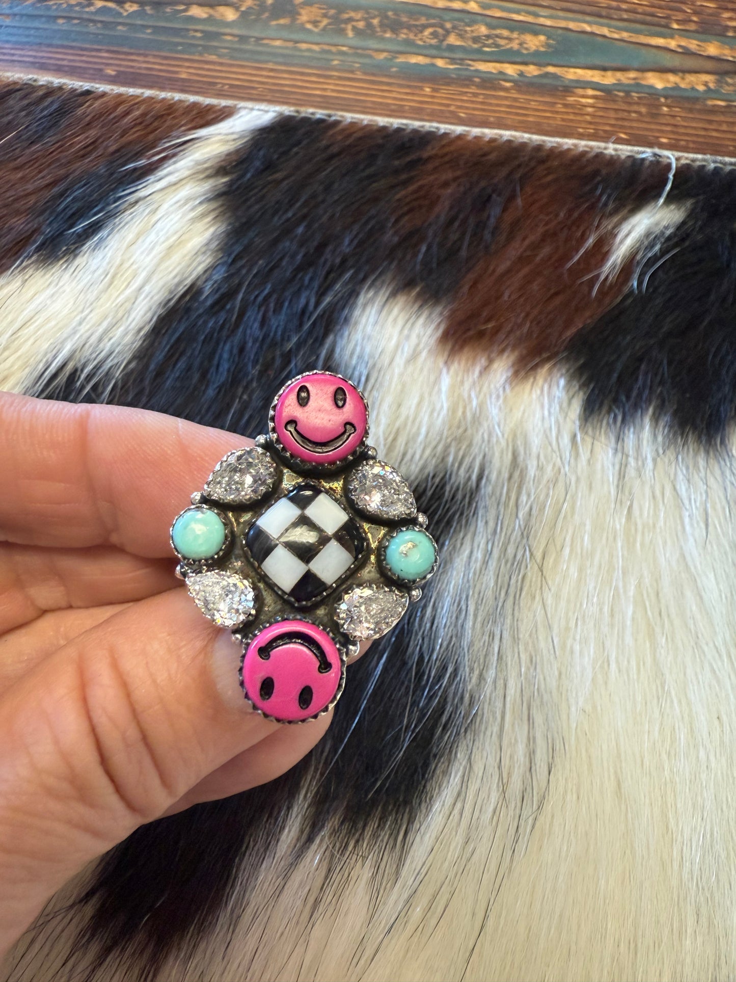 Happy Days Smiley Checkered Stone Rings