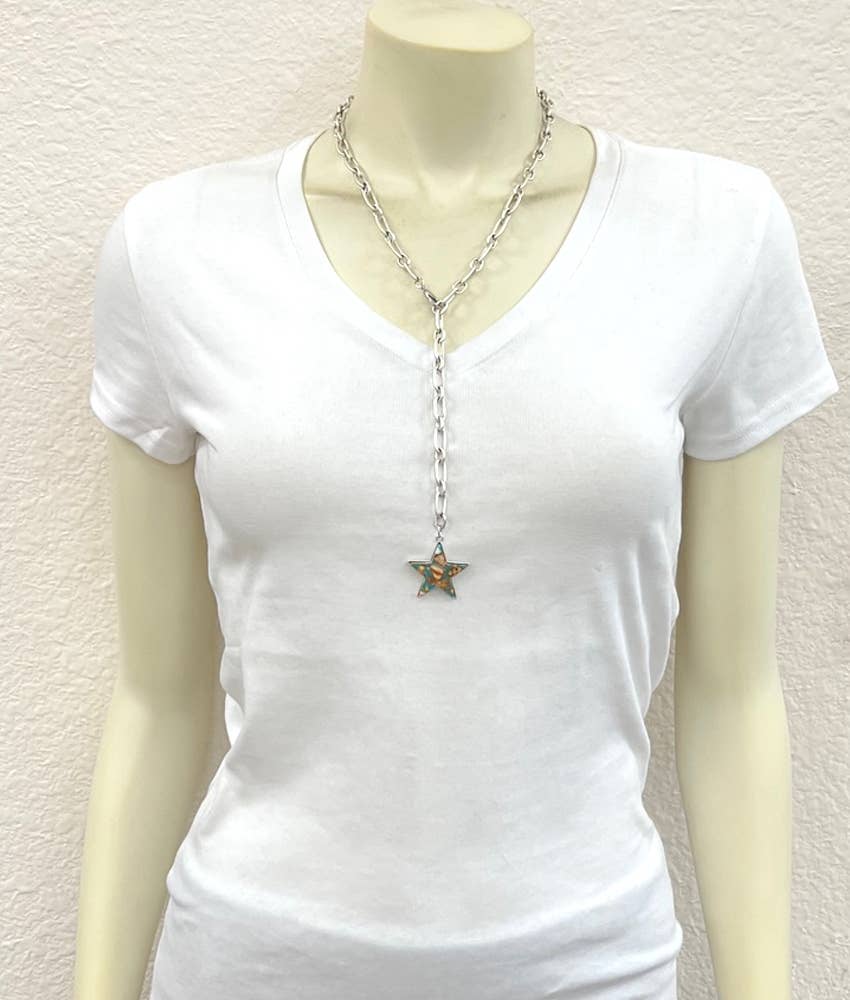 737946, Lariat Star Gemstone Necklace