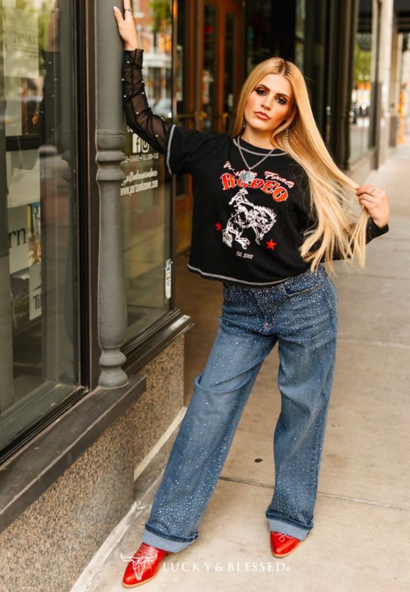 BLACK RODEO PRINTED CONTRAST STITCHING LONG SLEEVE
PEARL MESH LAYERED SHIRT