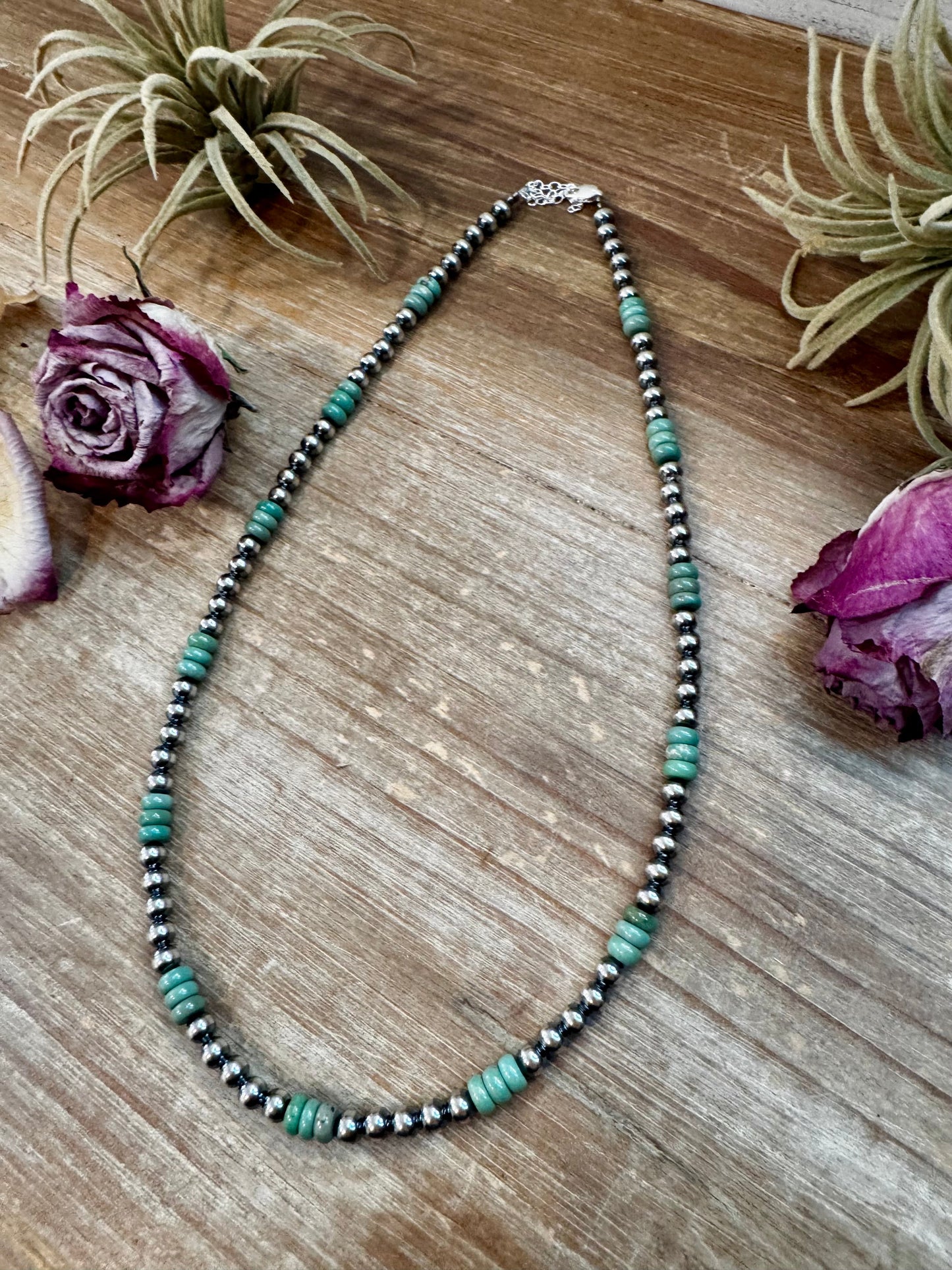Green Turquoise & Sterling Silver Pearl Necklace -5mm - 19"