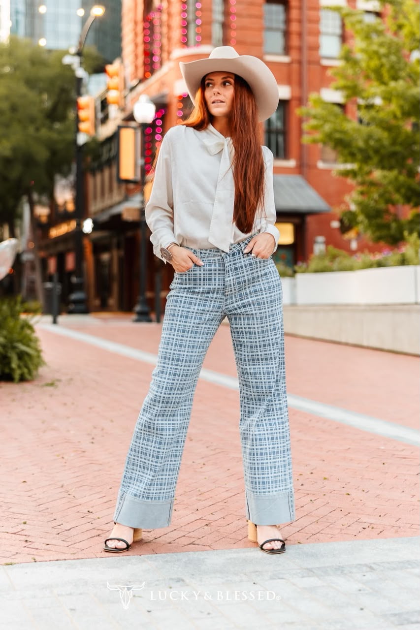 JENNY PLAID WIDE LEG JEANS (3I IN INSEAM)
