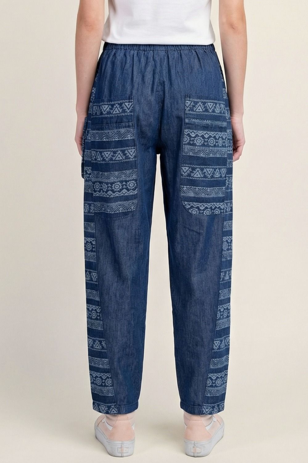 TRIBAL PATTERN MIX WASHED DENIM BARREL PANTS