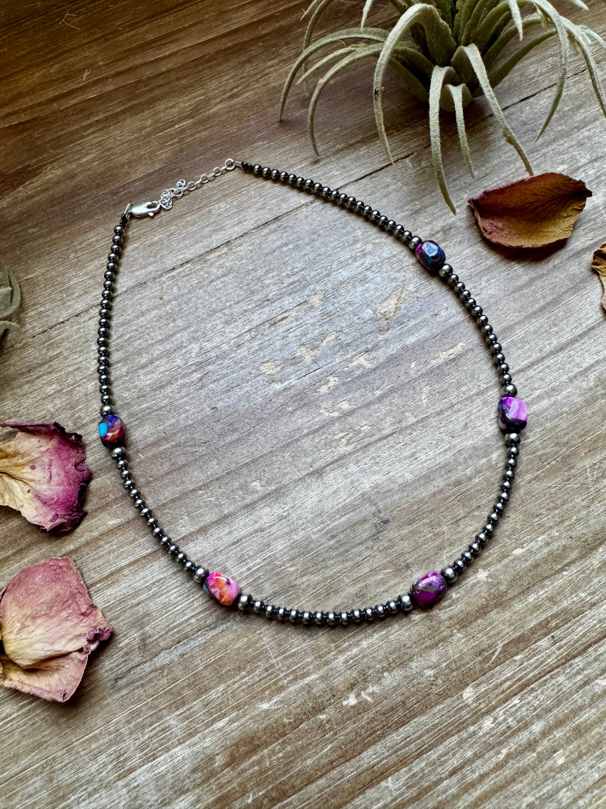 Pink dye Turquoise Choker and Sterling Silver Pearls