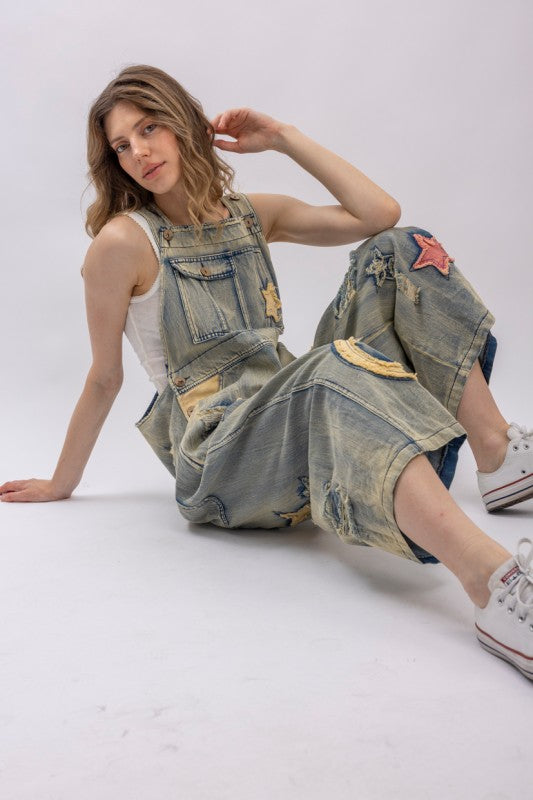 Star And Peace Patchwork Denim Bib Overalls