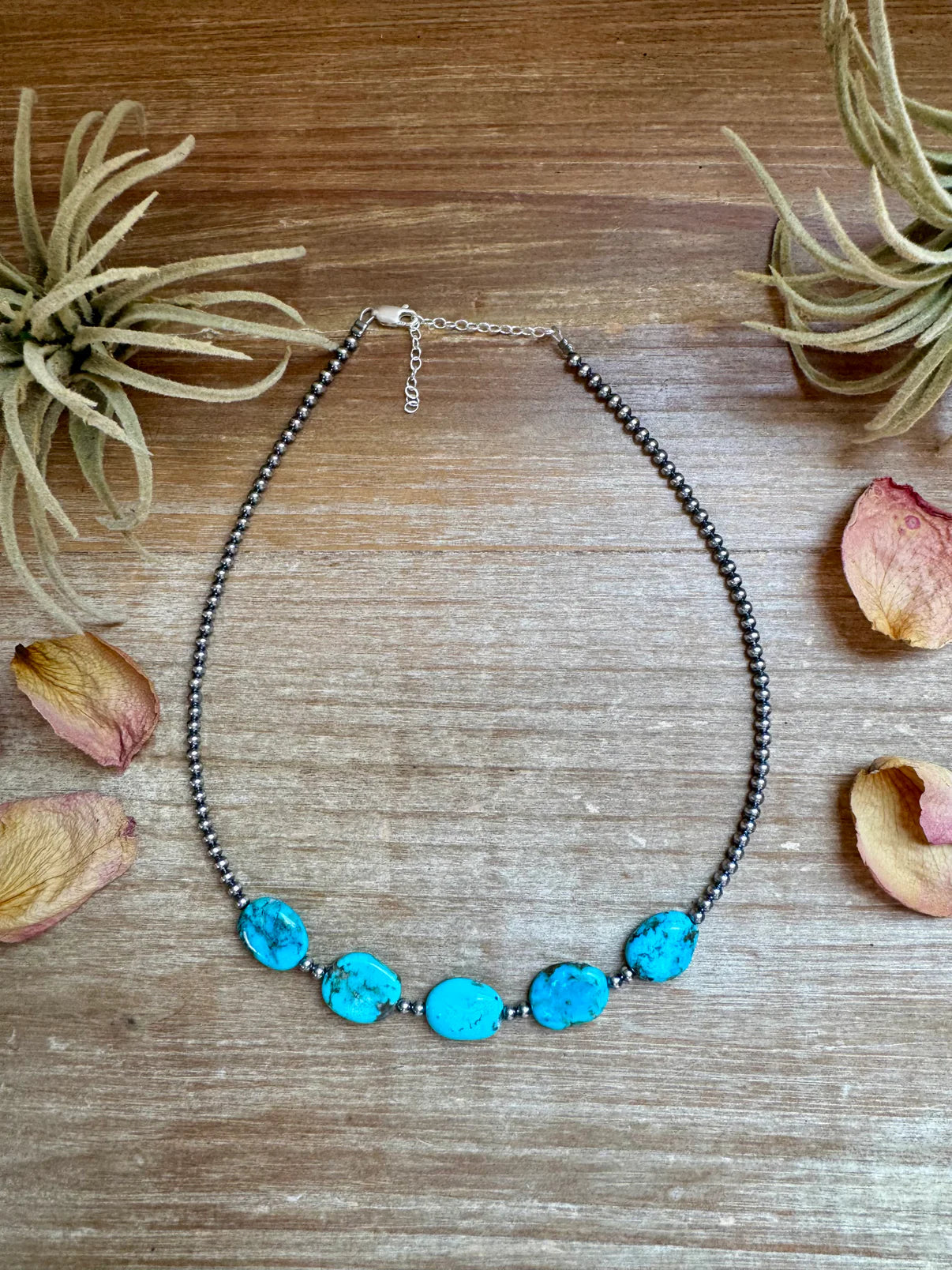 15-Inch Flat Blue Turquoise 8
Sterling Silver Pearl Choker