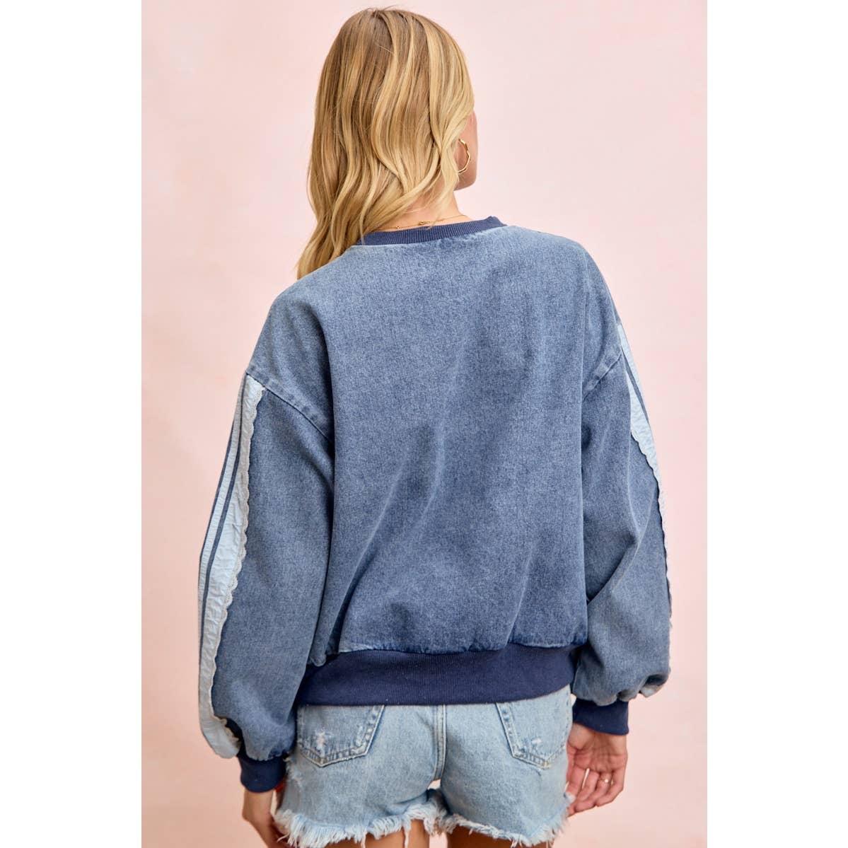 WASHED DENIM LACE CONTRAST SIDED SWEATSHIRT TOP