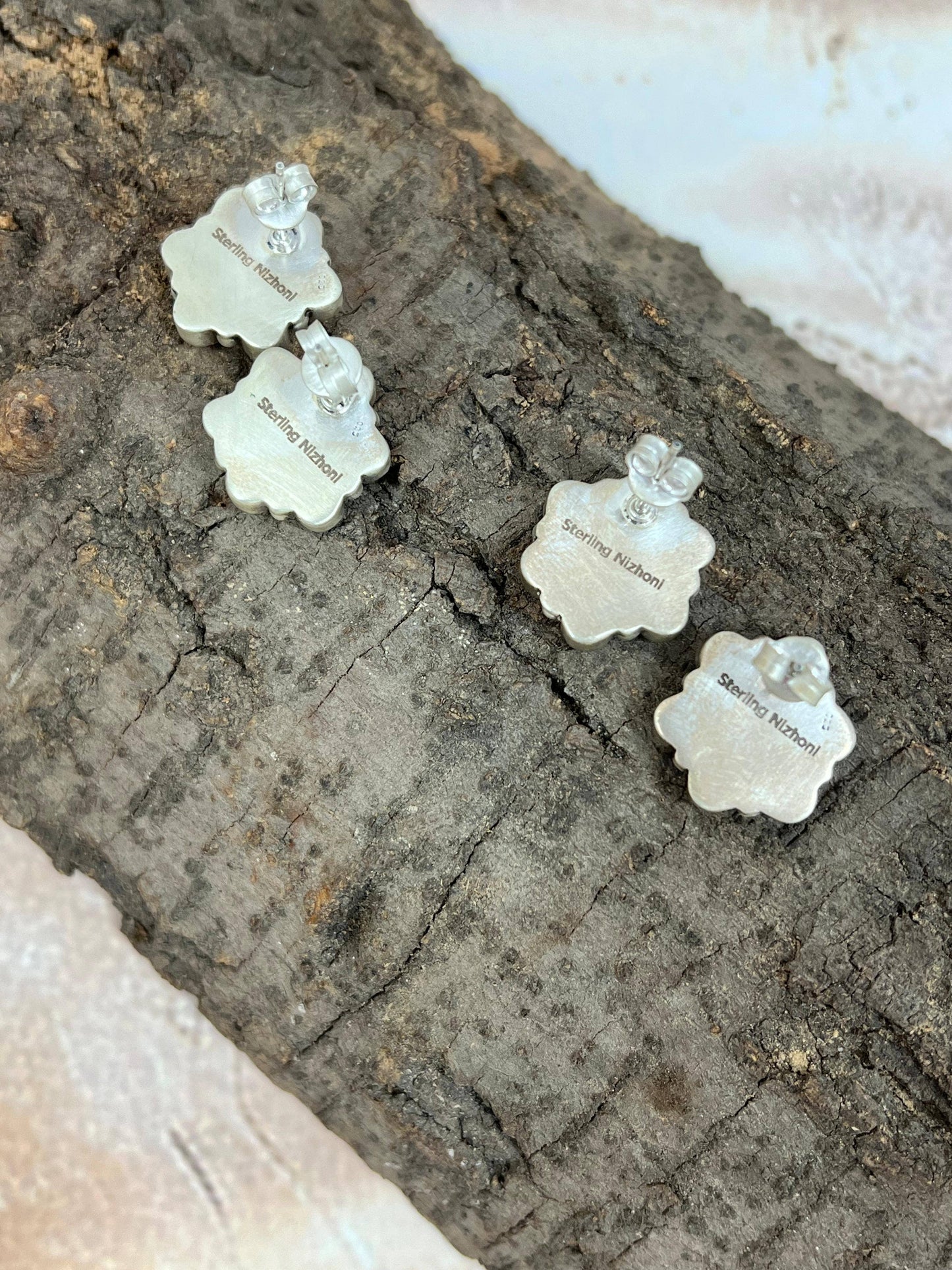 Handmade Sterling Silver White Buffalo, Cotton Candy Turquoise Studs with Signed Nizhoni