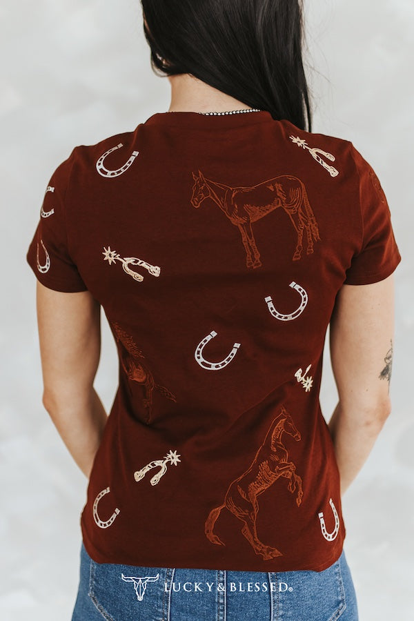 WILD SPUR & HORSESHOE EMBROIDERED TOP
