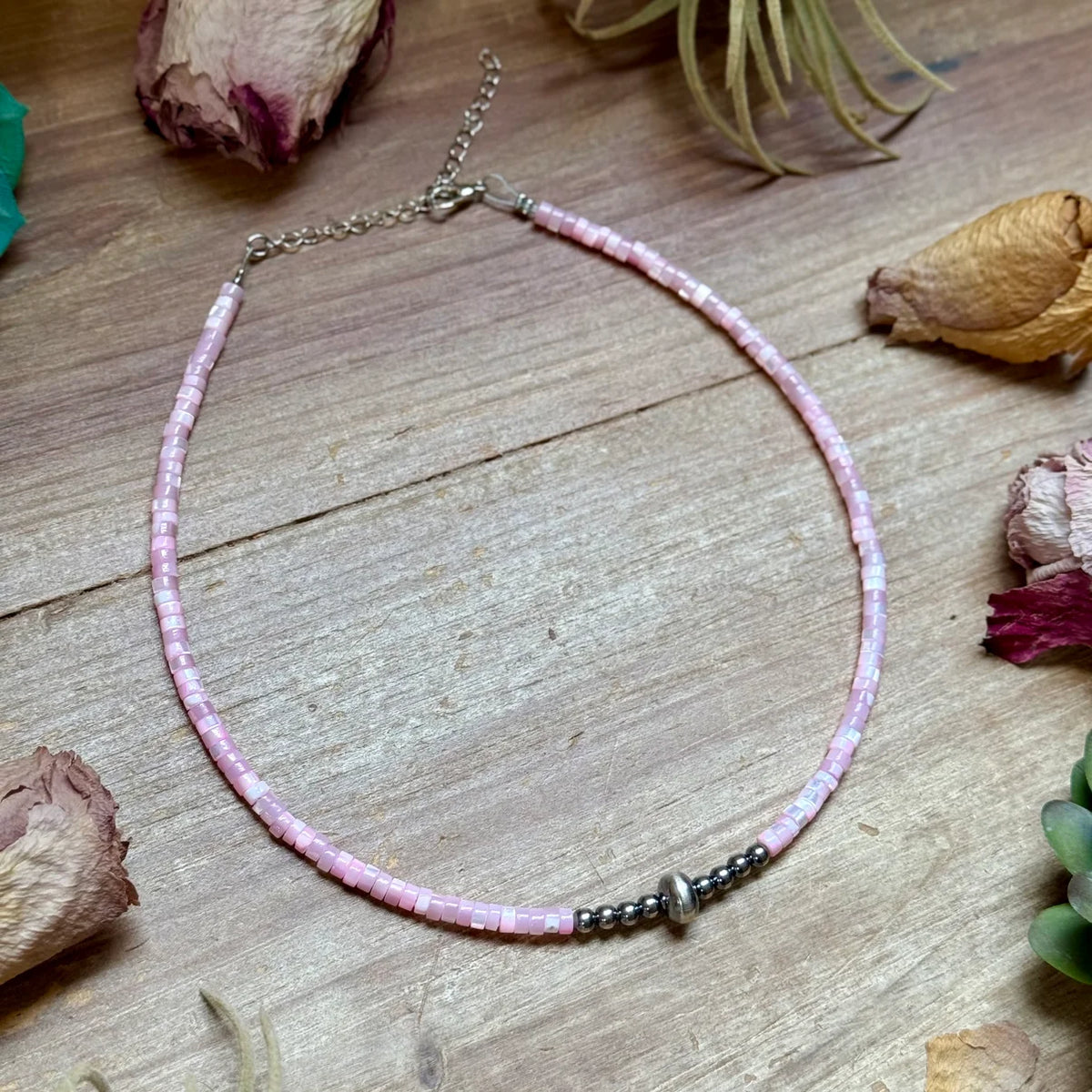 Pink Shell Heishi Necklace - 14"