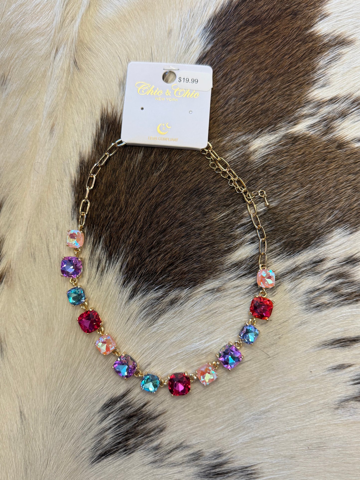 Pastel Multi Squared Glass Crystal and Gold Chain 16"-18" Necklace