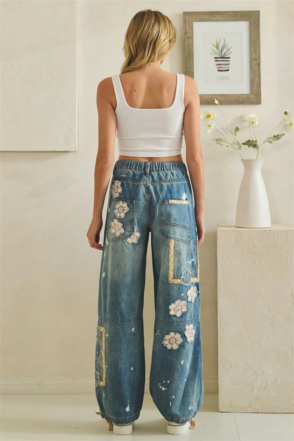 WASHED BLOCK PATCHED DENIM PANTS