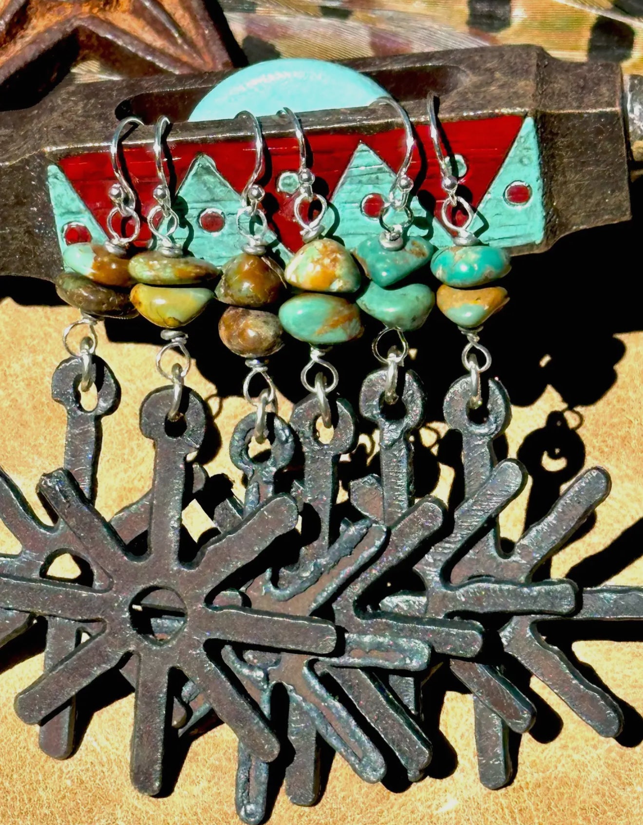 Rustic Metal Spur and Turquoise Earrings