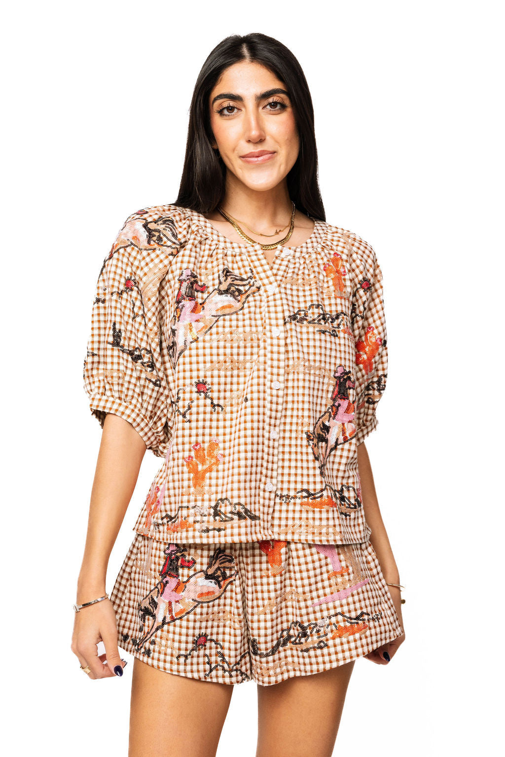 Queen Of Sparkles Brown Gingham Bucking Cowgirl Button Up Cotton Top