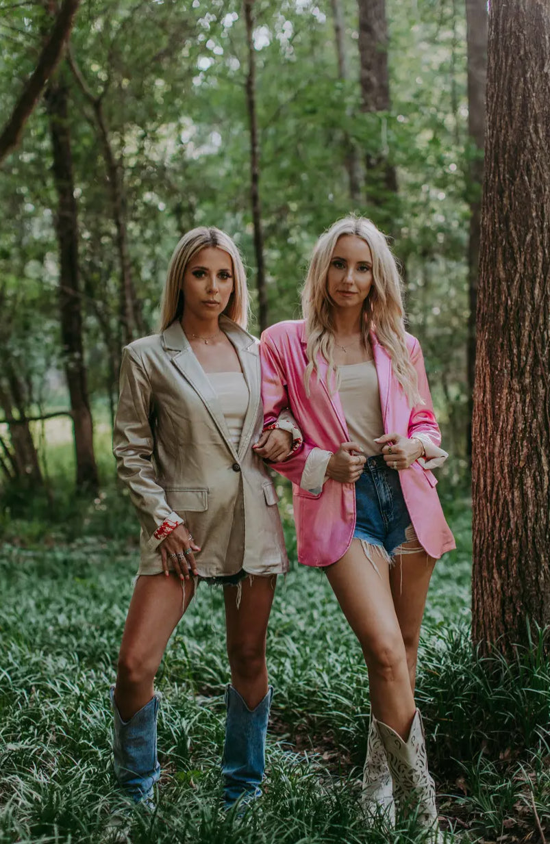 Pink Metallic Faux Leather Blazer