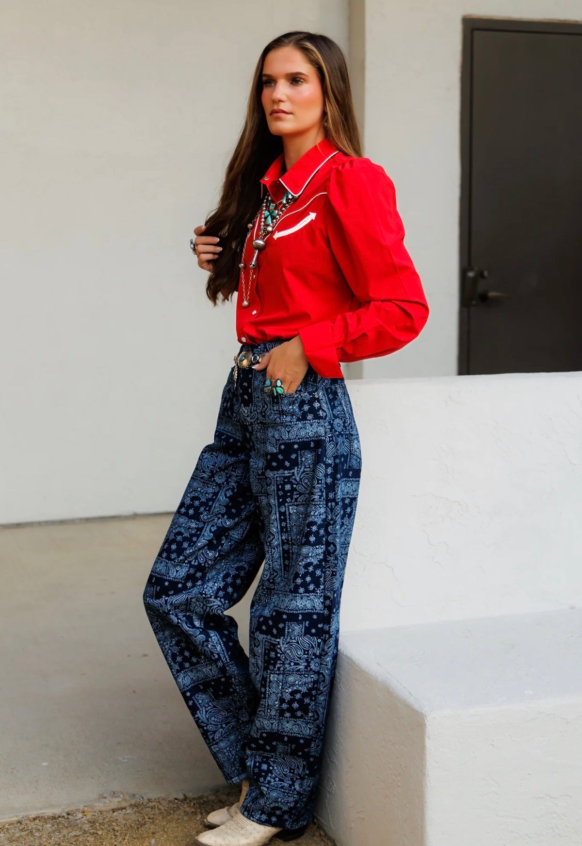 NAVY BANDANA BARREL JEANS