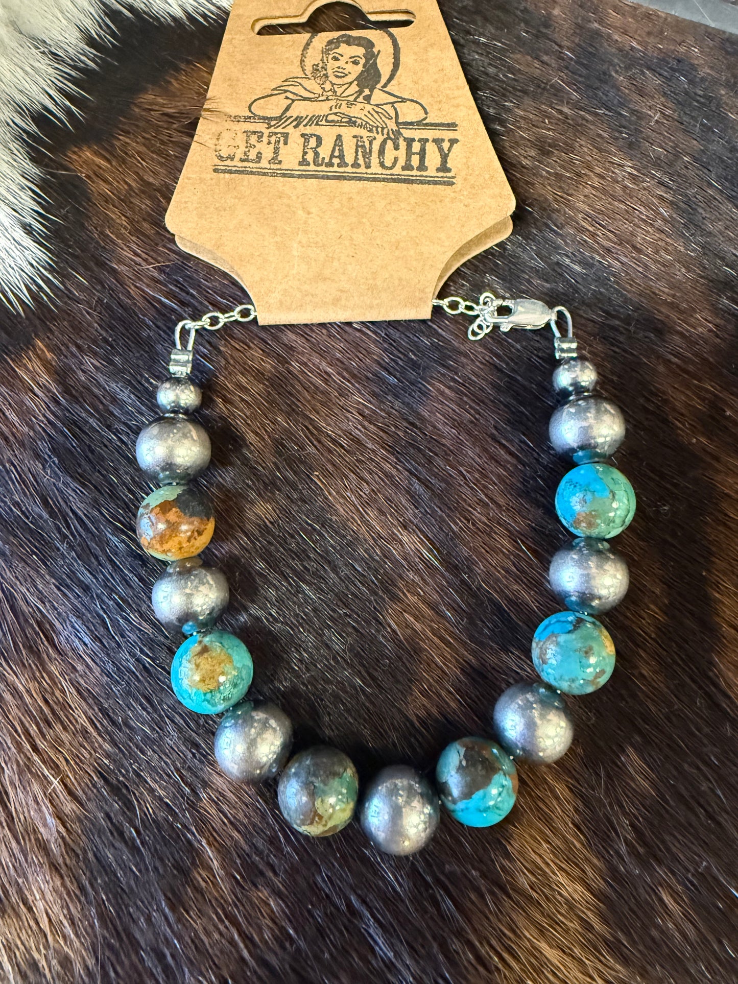 10mm sterling silver pearls bracelet and turquoise