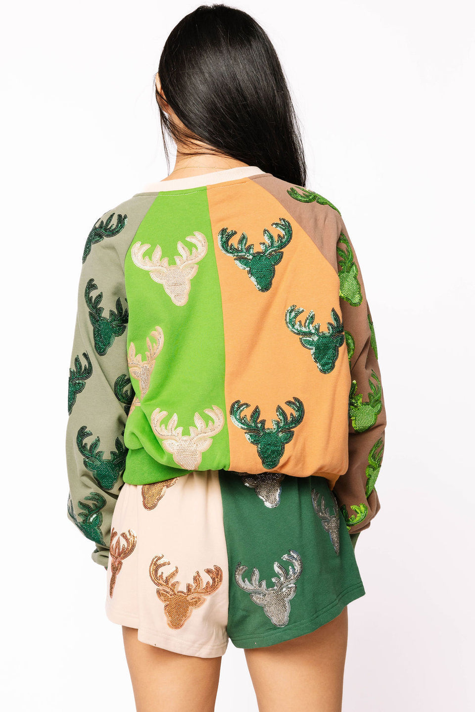 Queen Of Sparkles Colorblock Deer Print Sweatshirt