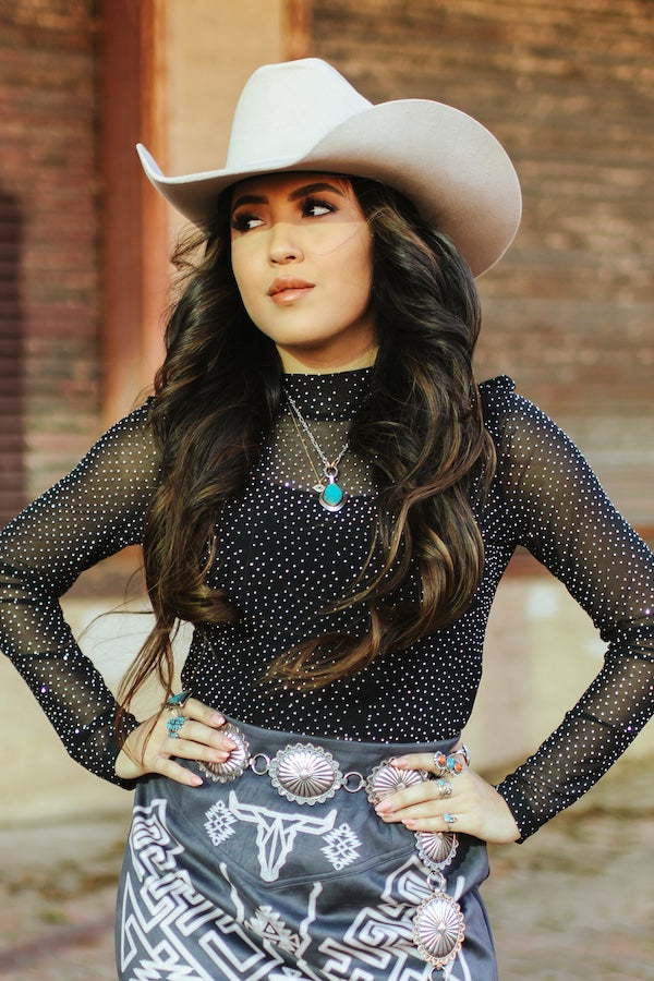 Long Sleeve Mesh/Rhinestone Bodysuit