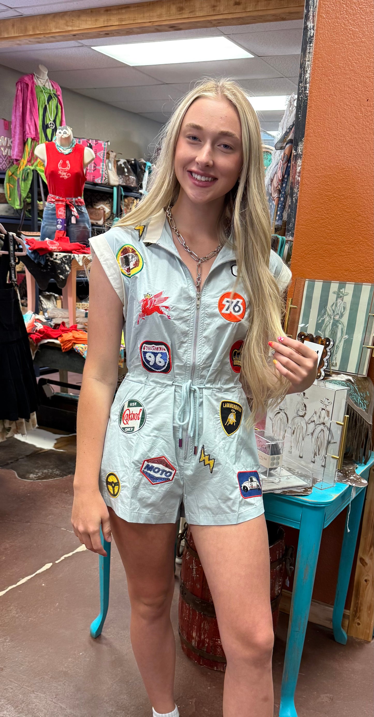 Queen Of Sparkles Chambray Nascar Patch Tie Romper