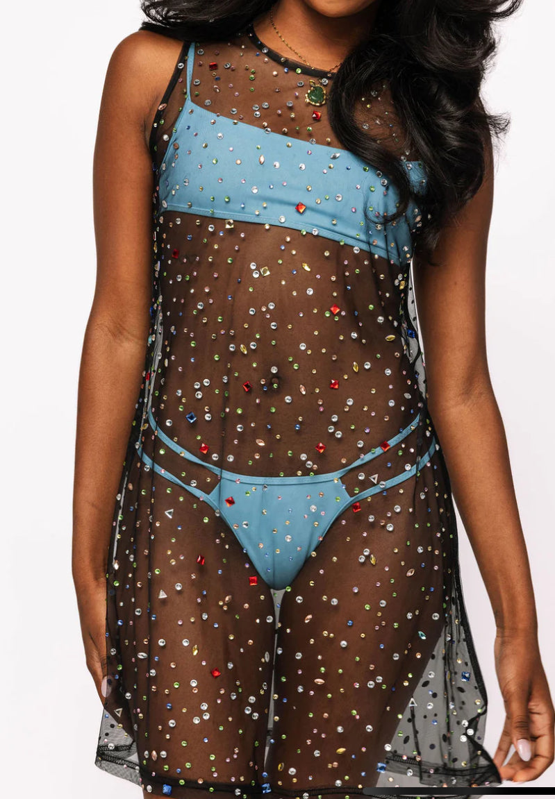 Black Multi Rhinestone Mesh Coverup