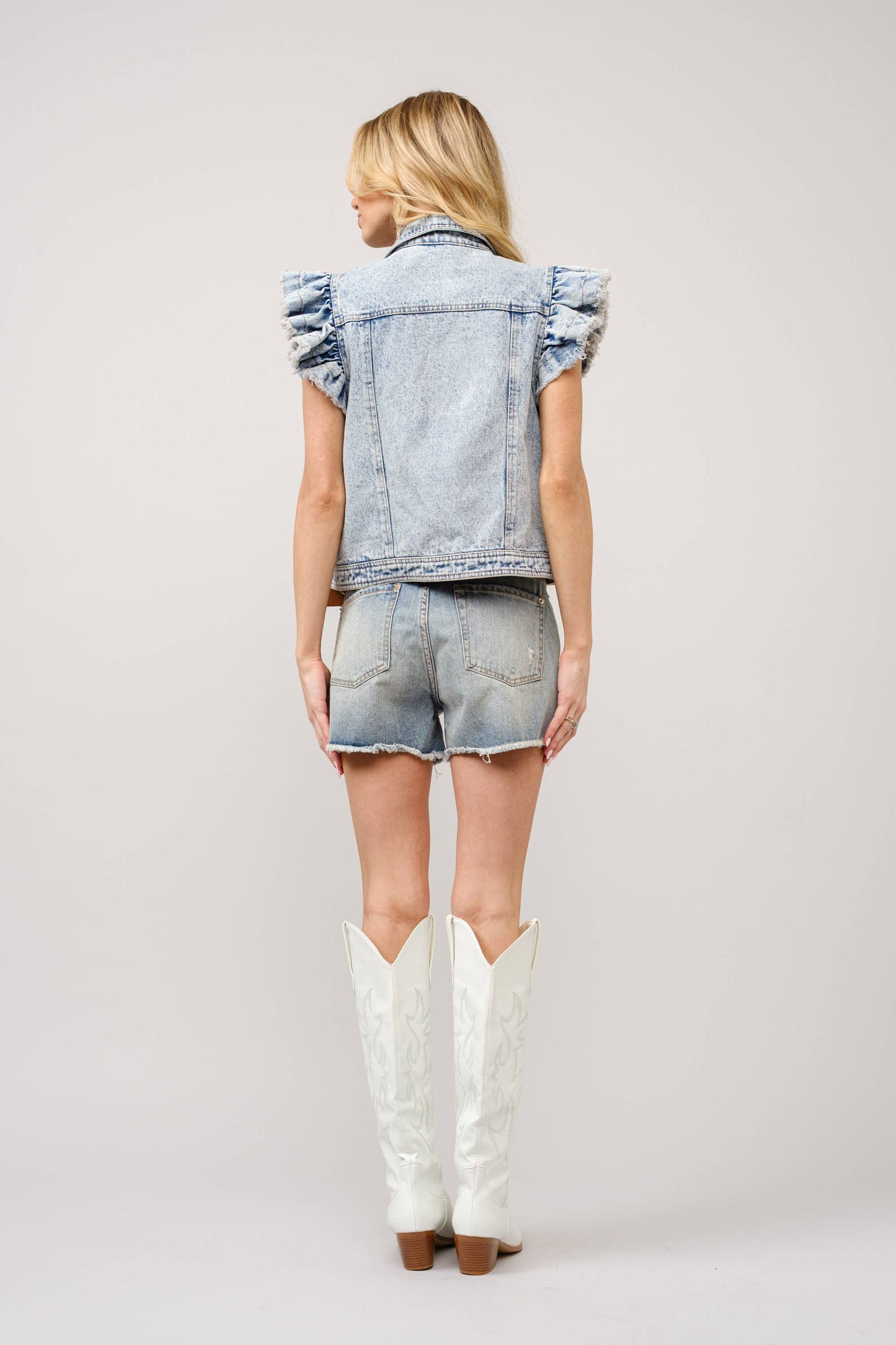 Washed Ruffle Sleeve Button-Up Denim Jacket