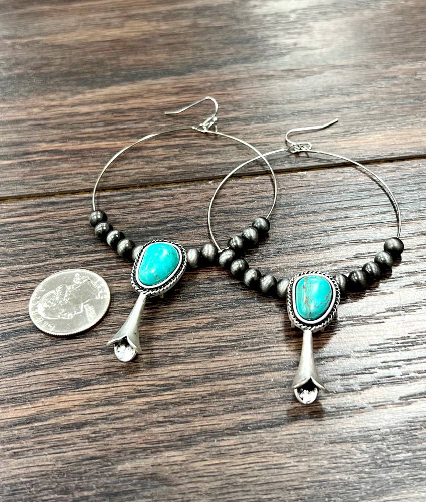 723425, Handmade Squash Turquoise Hoop Earrings