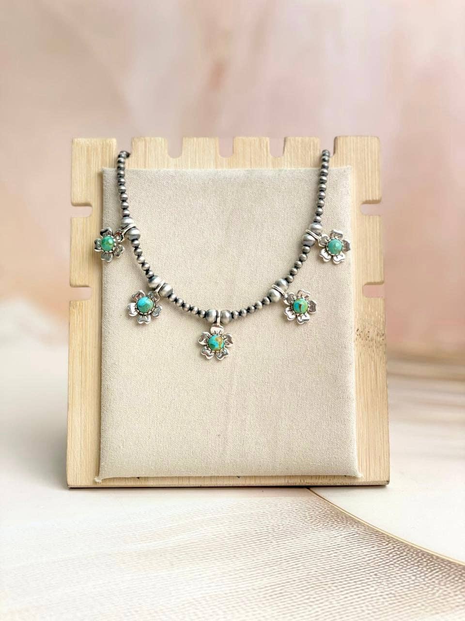 Sterling Silver & Turquoise Flower Desert Pearl Necklace