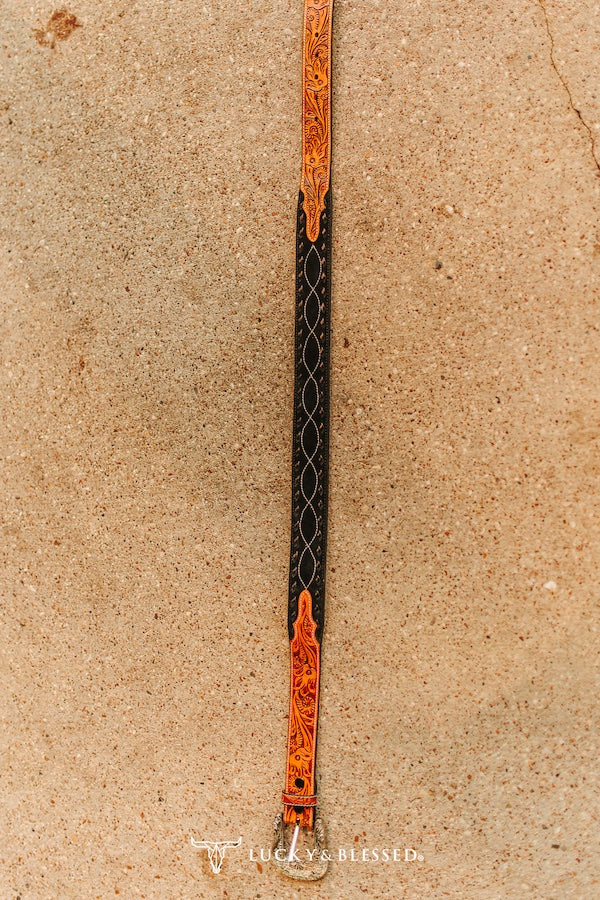 TOOLED LEATHER WESTERN BELT W BUCKSTITCH DETAIL