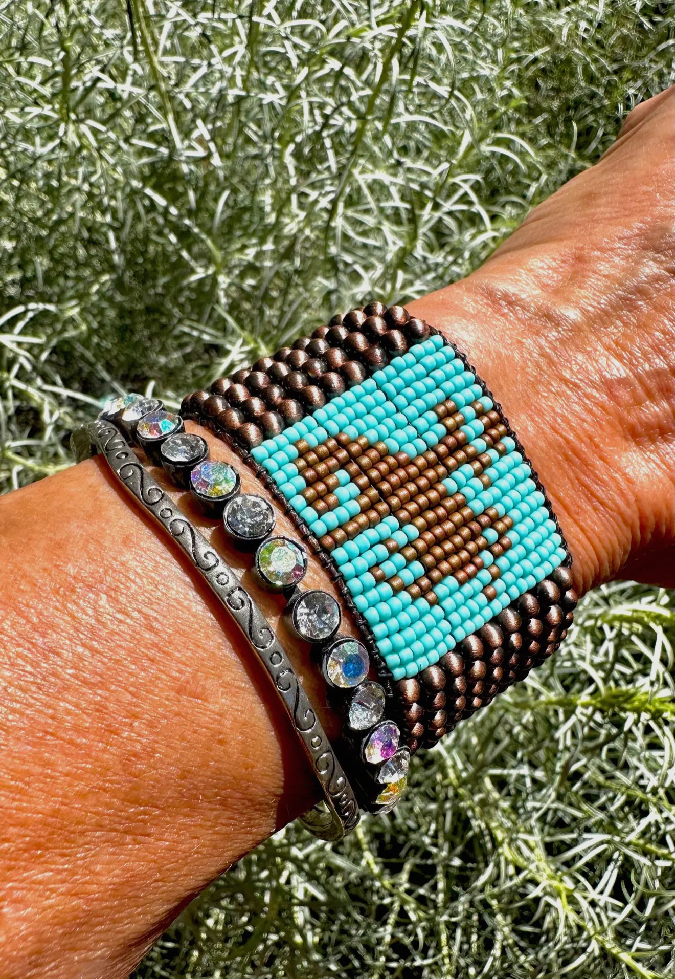 Copper Navajo Pearl Bronc Cuff;
Rhinestone Cowgirl