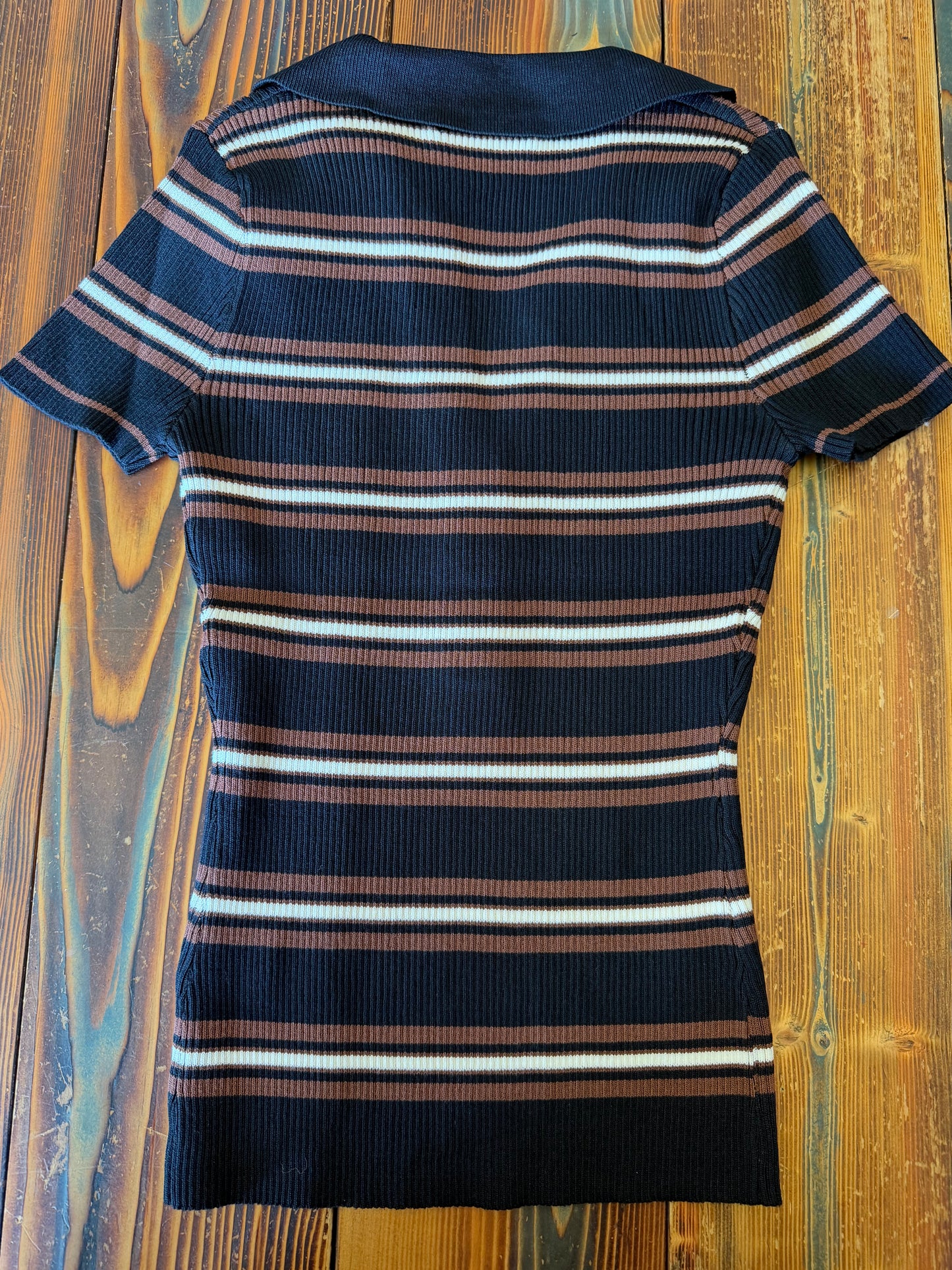 Multi-color Stripe Ribbed Polo Knit Top