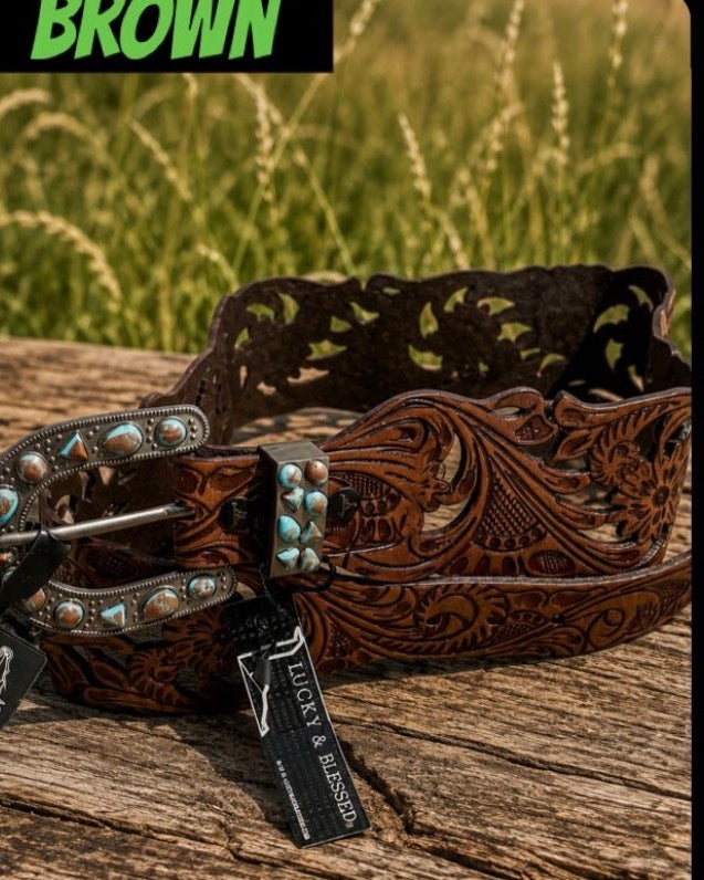TOOLED FLORAL EMBROIDERED
GENUINE LEATHER WESTERN BELT