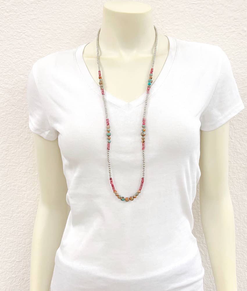 34" Clustered Gemstone, Silver Navajo Necklace