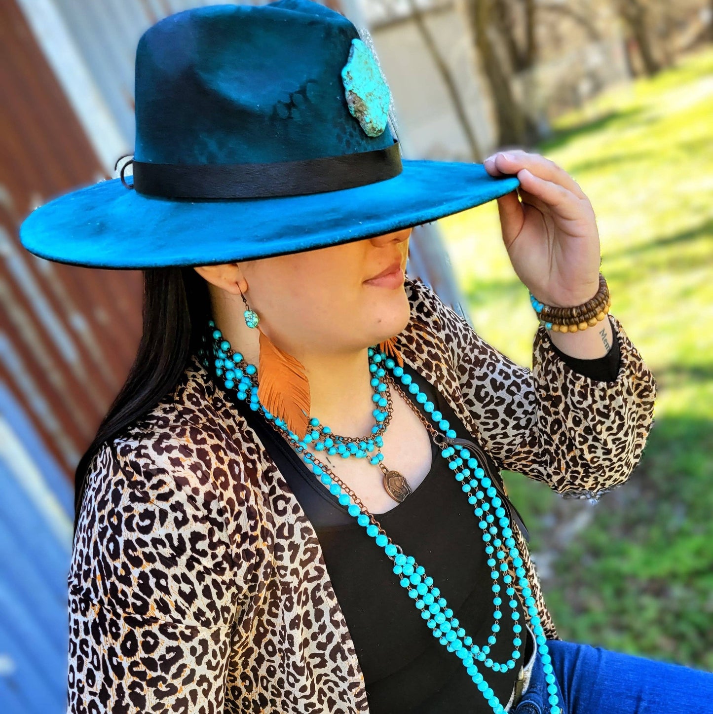 Blue Turquoise Collar-Length Necklace w/ Indian Buffalo Coin