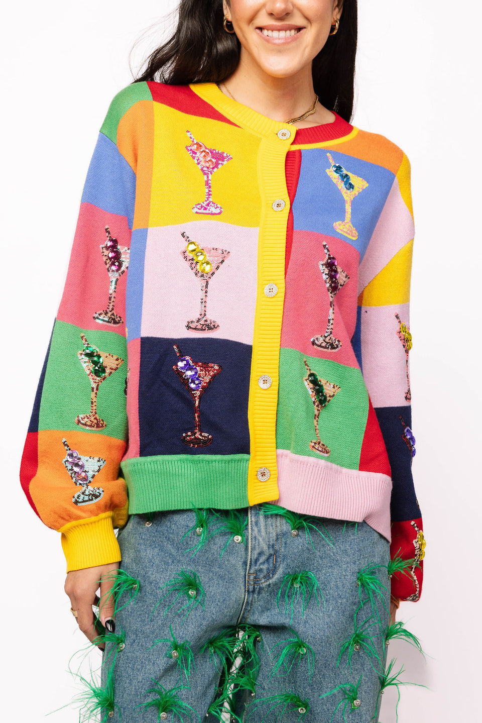 Queen Of Sparkles Multi Checkered Cosmo Button Up Sweater