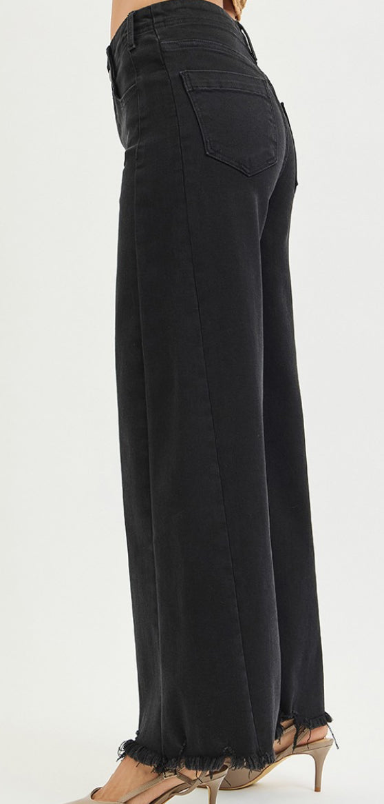 Risen Tummy Control High Rise Palazzo Leg Frayed Hem Jeans
