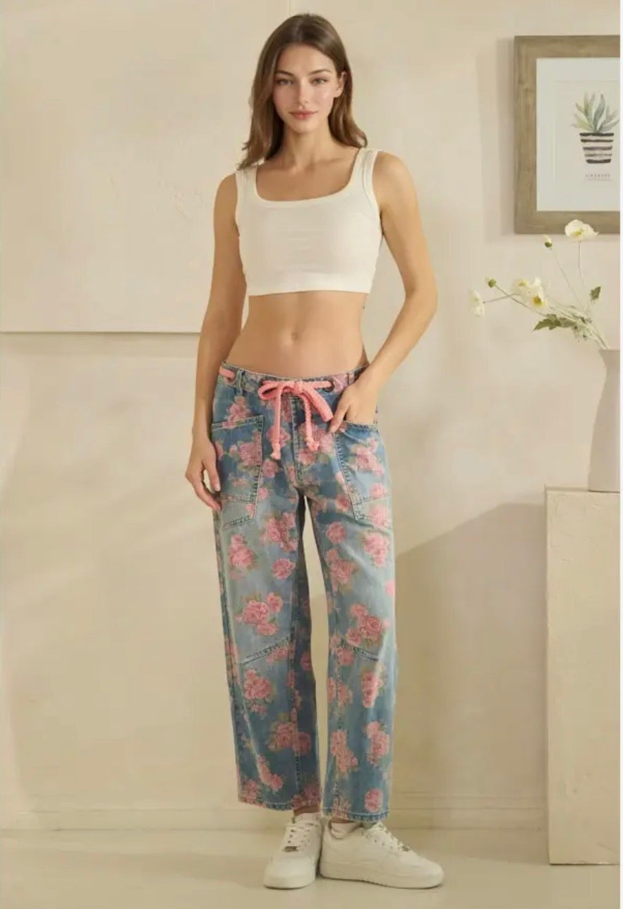 Washed Fiona Floral Print Barrel Jeans