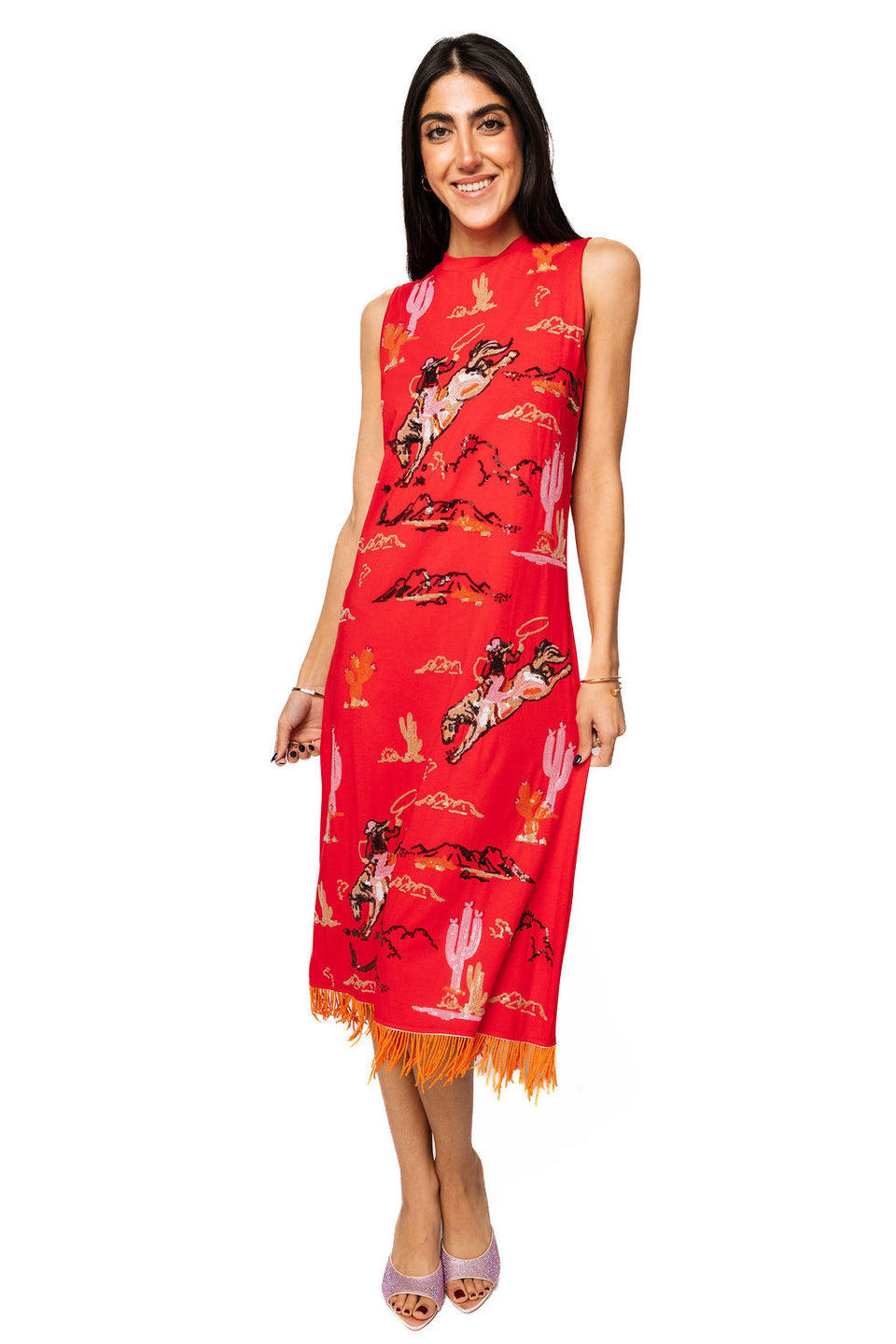 Queen Of Sparkles Red Bucking Cowgirl Fringe Bottom Midi Tank Dress – Get Ranchy