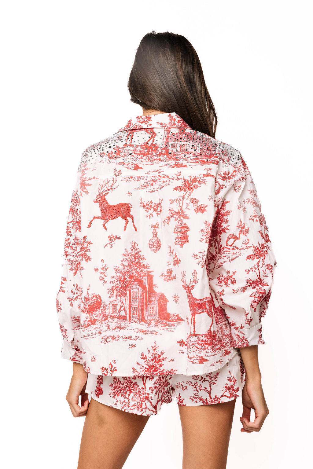 Queen Of Sparkles Red And White Christmas Toile Cotton Button Up Top