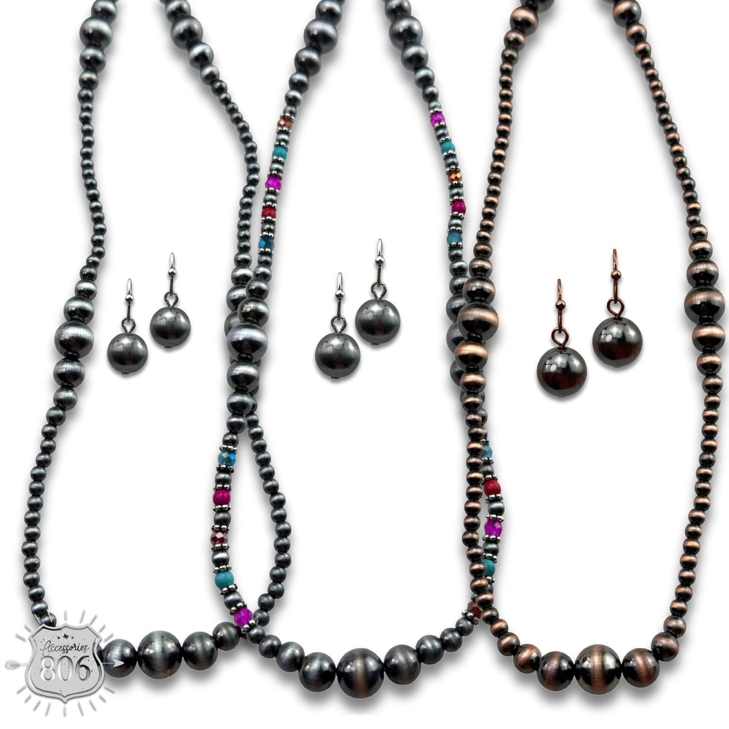 Burnished bead long necklace set