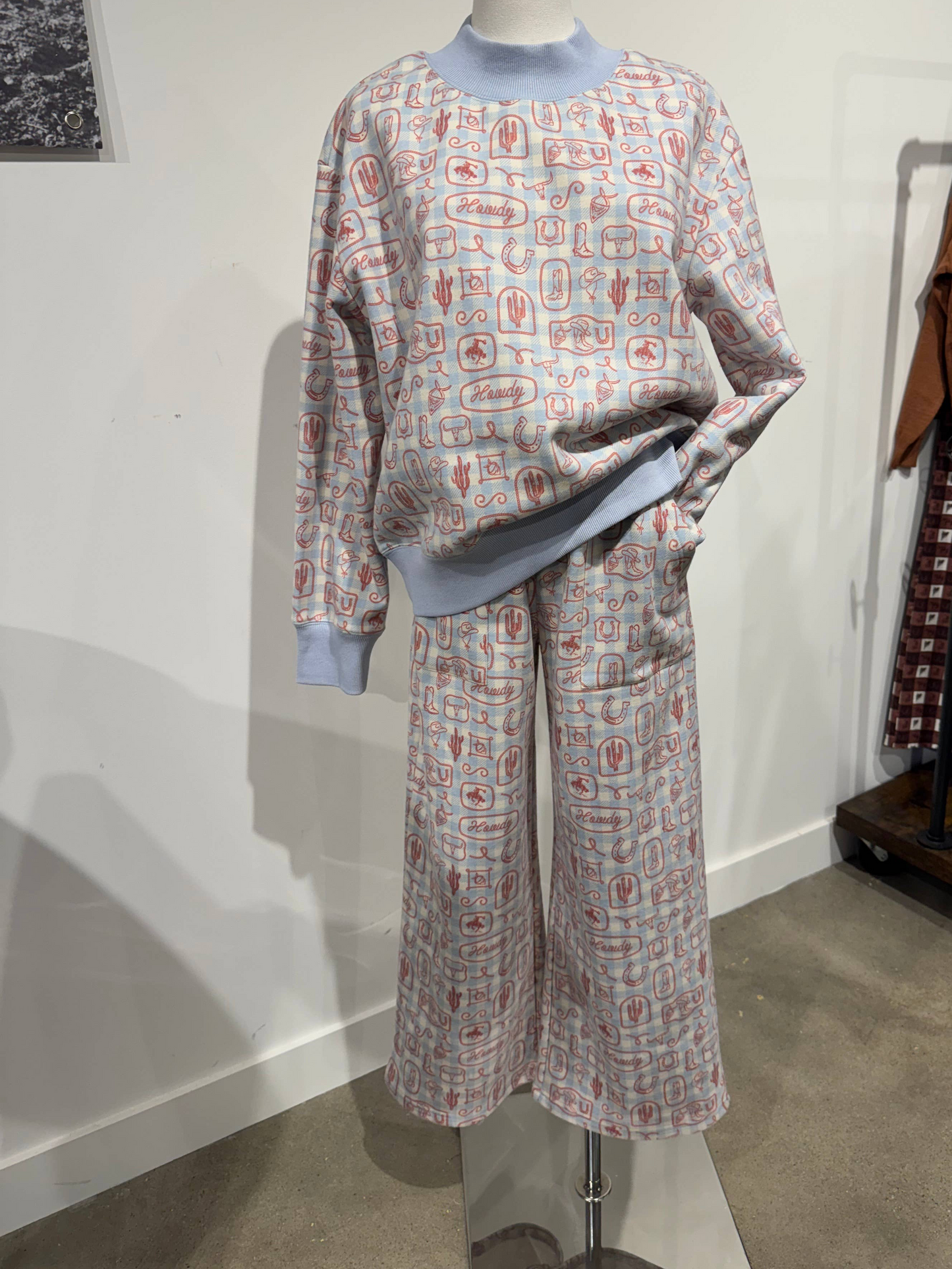 Fleece crop lounge pant with western gingham print