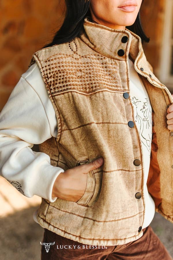 Denim Puffer Studded Button Down Vest